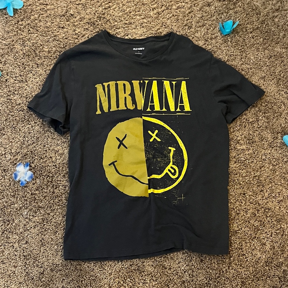 NIRVANA Black Tee with Split Yellow Smiley Graphic